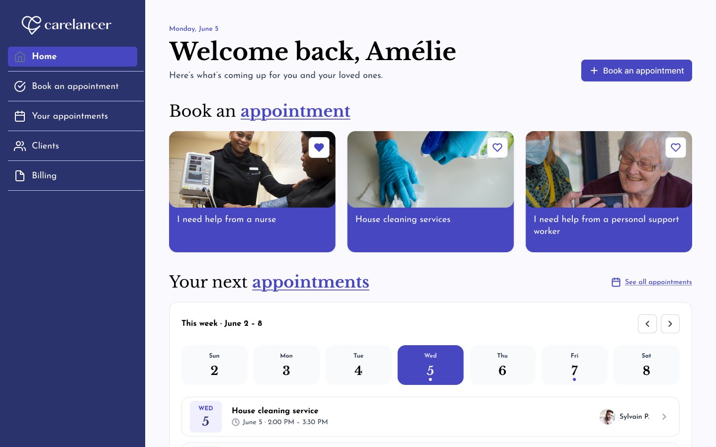 Carelancer home screen: welcome back, book a nurse, house cleaning or a personal support worker, this week’s appointments and Carelancers near you