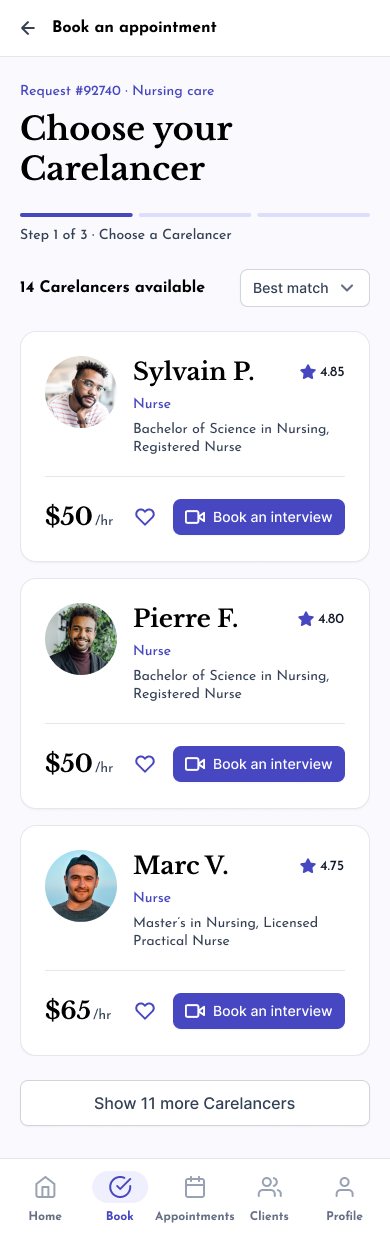 Mobile screen: choose your Carelancer, with matched nurses and their hourly rates