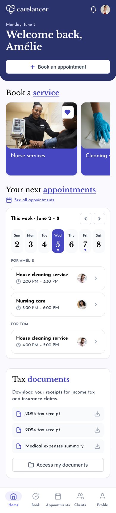 Mobile home screen with upcoming appointments