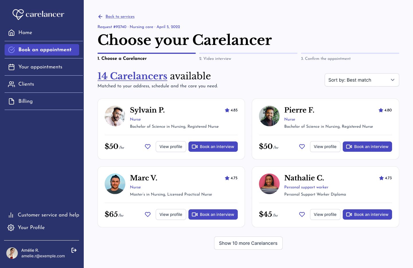 Choose your Carelancer: 14 Carelancers matched to address, schedule and care, with ratings and hourly rates