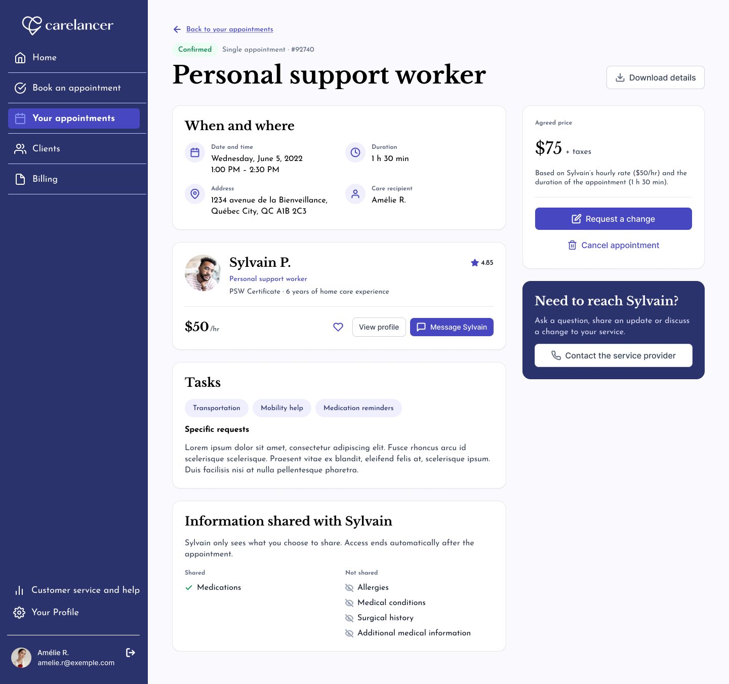 Appointment details for a personal support worker visit: date, tasks, client and price