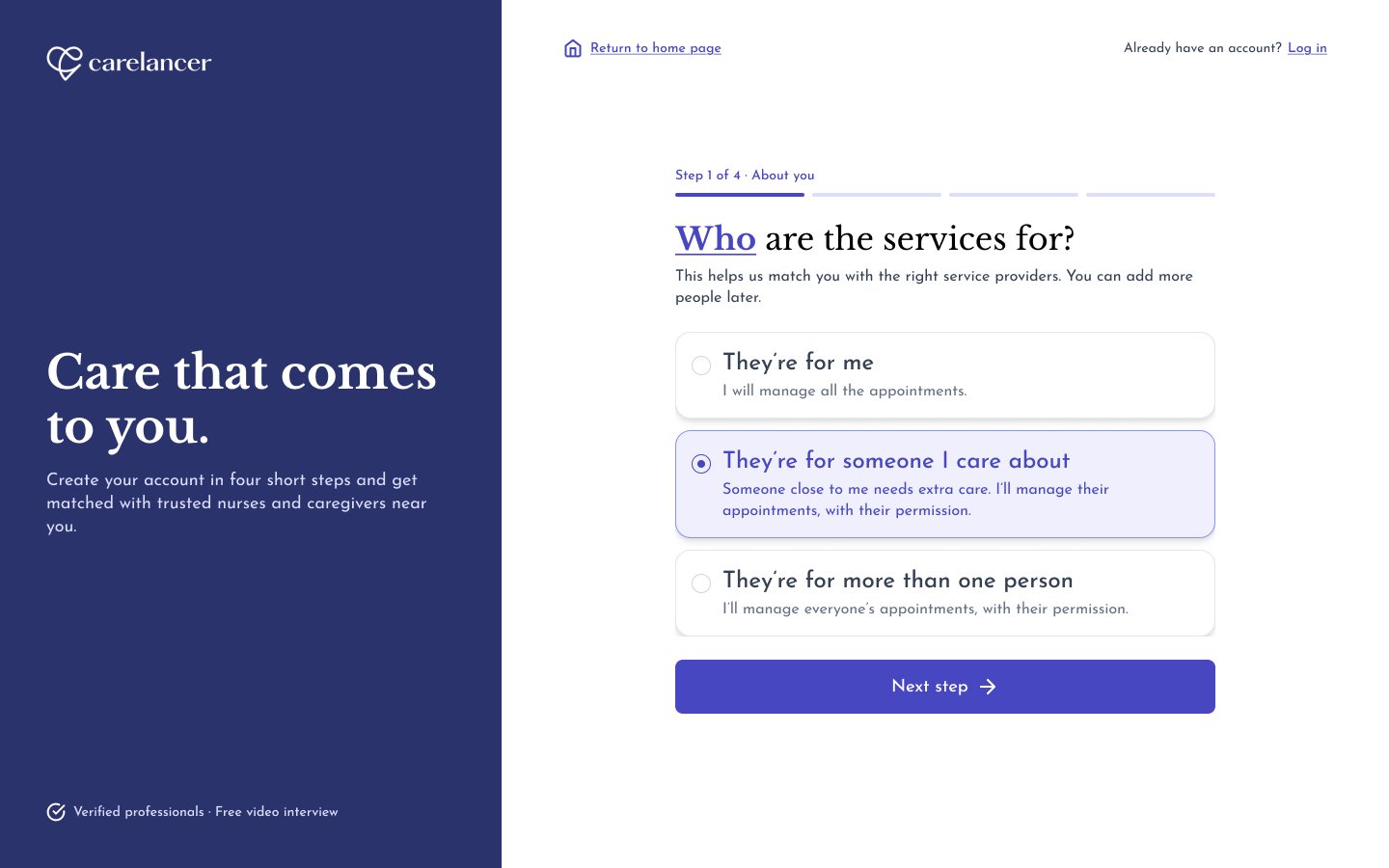 Sign-up screen asking who the services are for