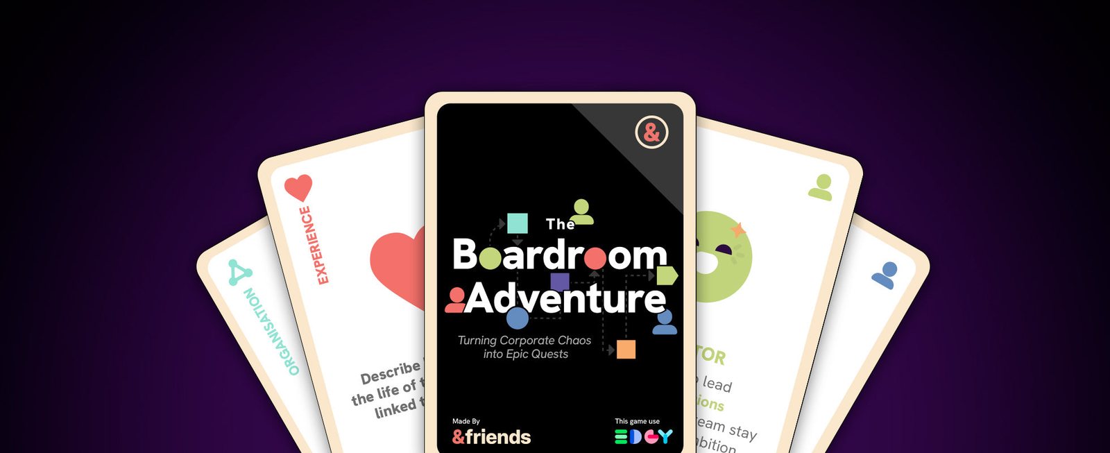 The Boardroom Adventure box with stakeholder cards fanned out