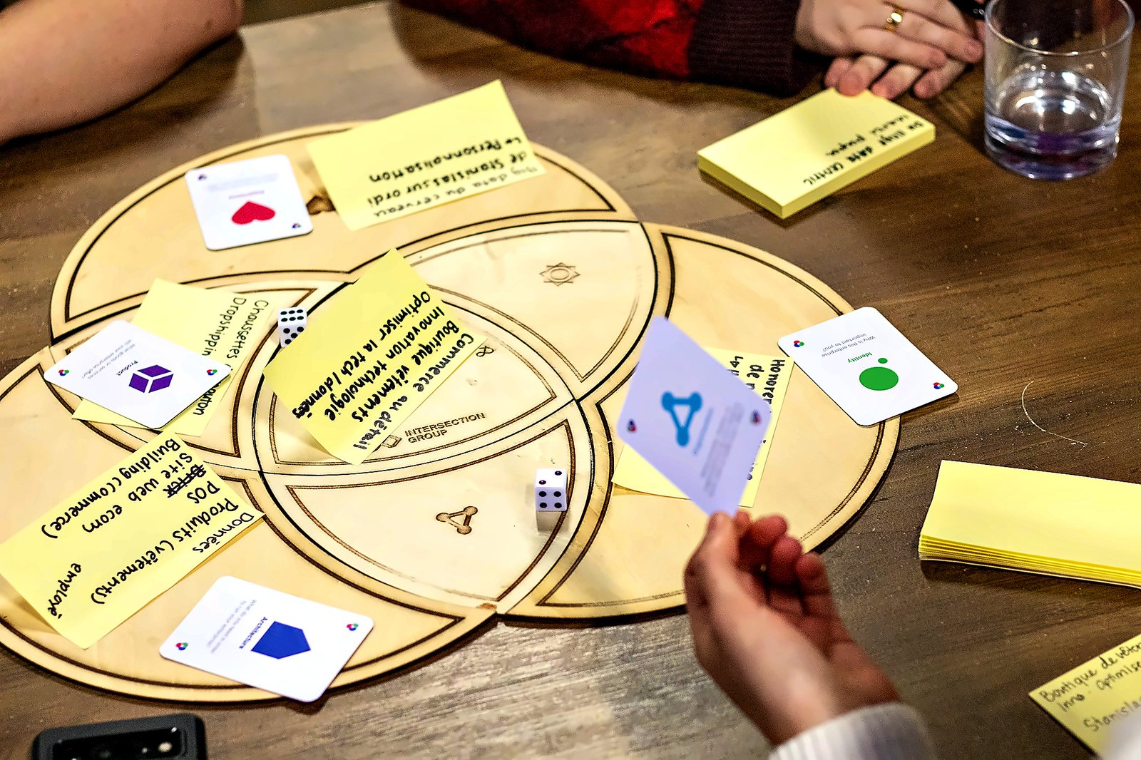 The laser-cut wooden board in play: cards and notes on the three EDGY circles