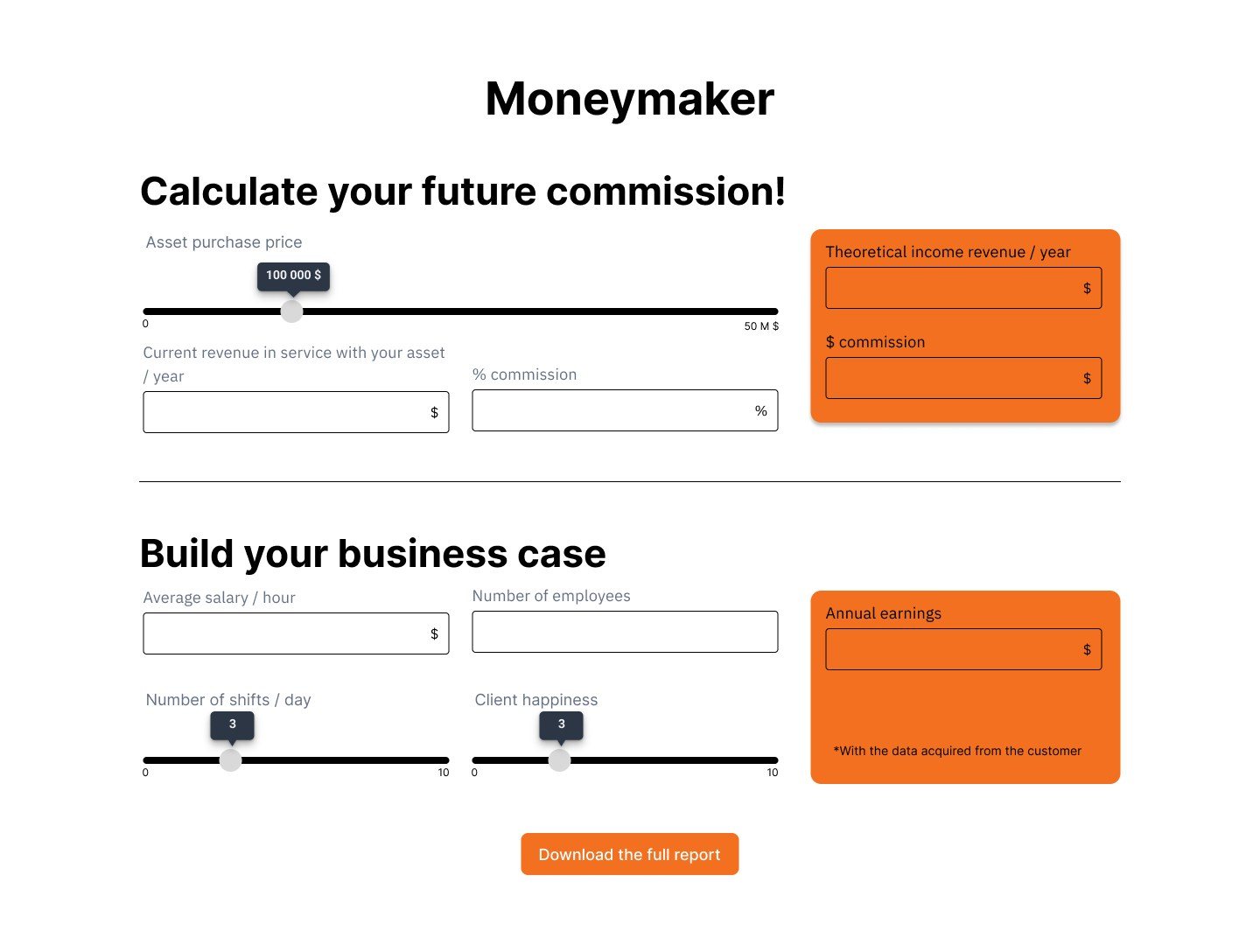 Prototype page: sliders to calculate a future commission and build a business case