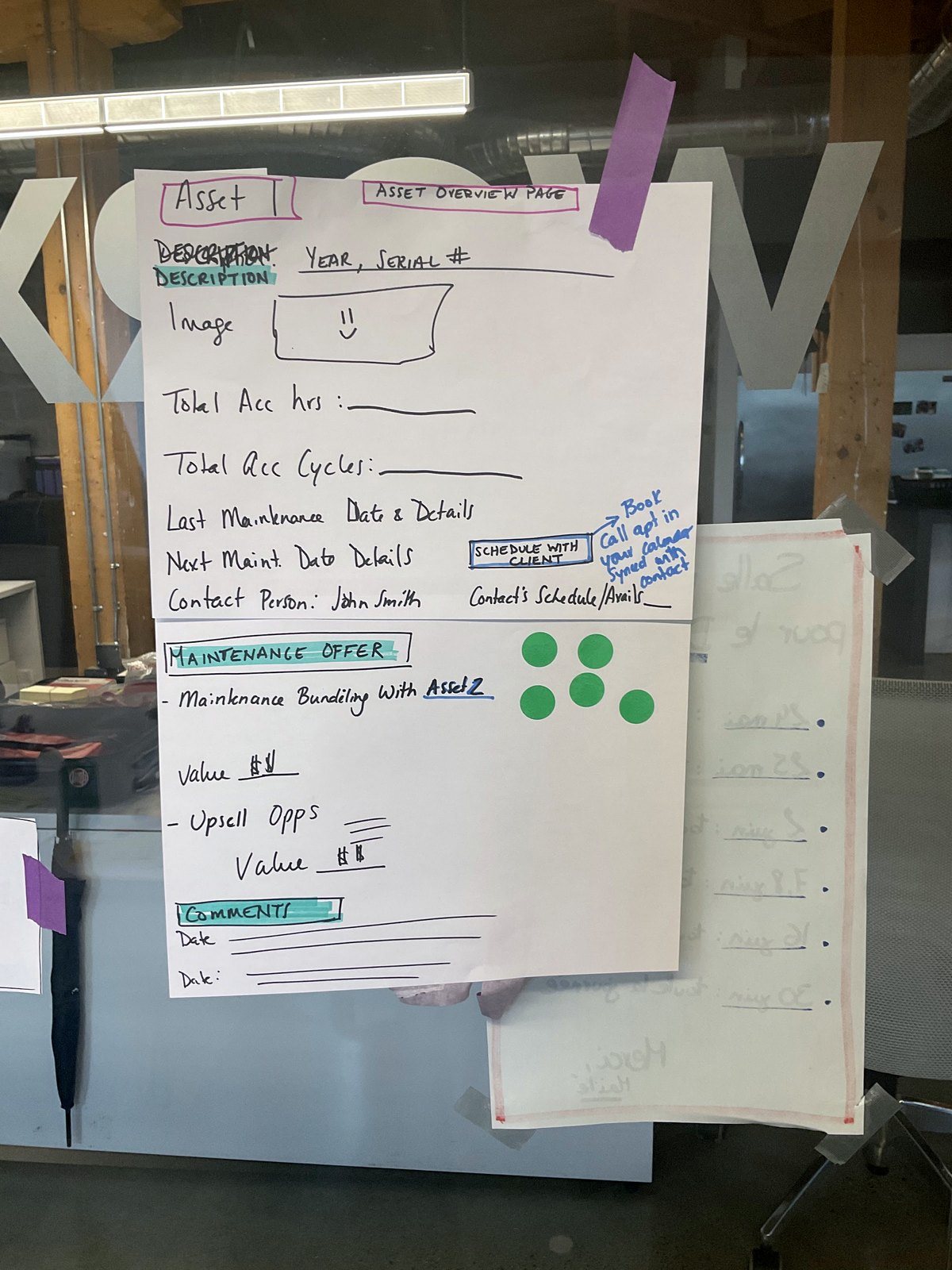 Paper sketch of an asset page: hours and cycles, last and next maintenance, with green voting dots