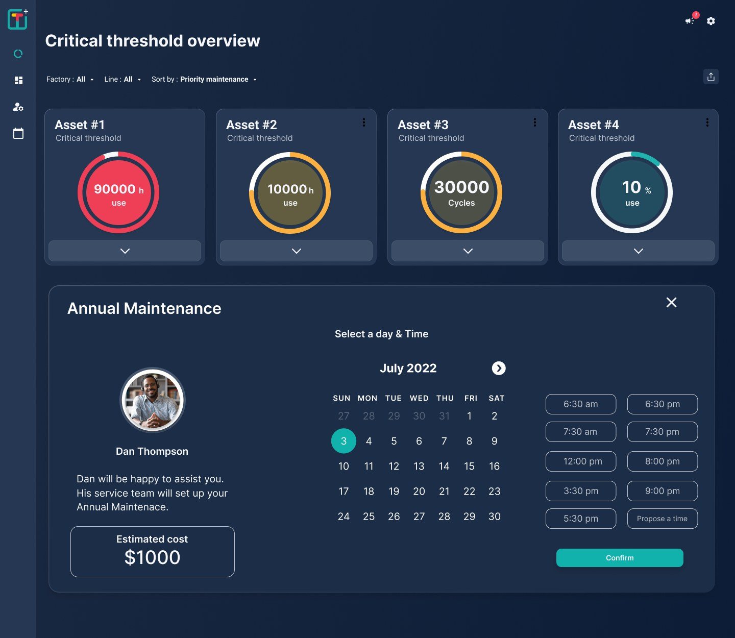 Prototype screen: booking the annual maintenance with the vendor’s technician, calendar and estimated cost
