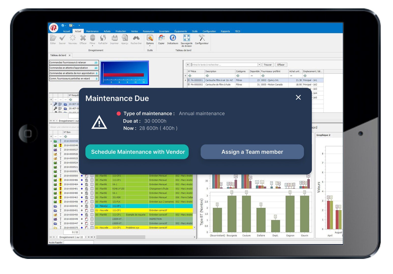 Tablet showing a Maintenance due alert, with buttons to schedule it with the vendor or assign a team member