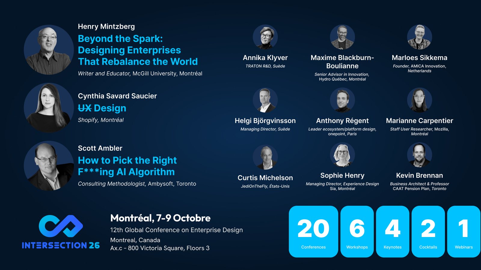 Speaker line-up visual: Henry Mintzberg, Cynthia Savard Saucier and Scott Ambler as keynotes, and nine more speakers